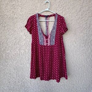 GUC Forever 21 Boho Red Floral Mini Dress S Open Back Short Sleeve Button Front